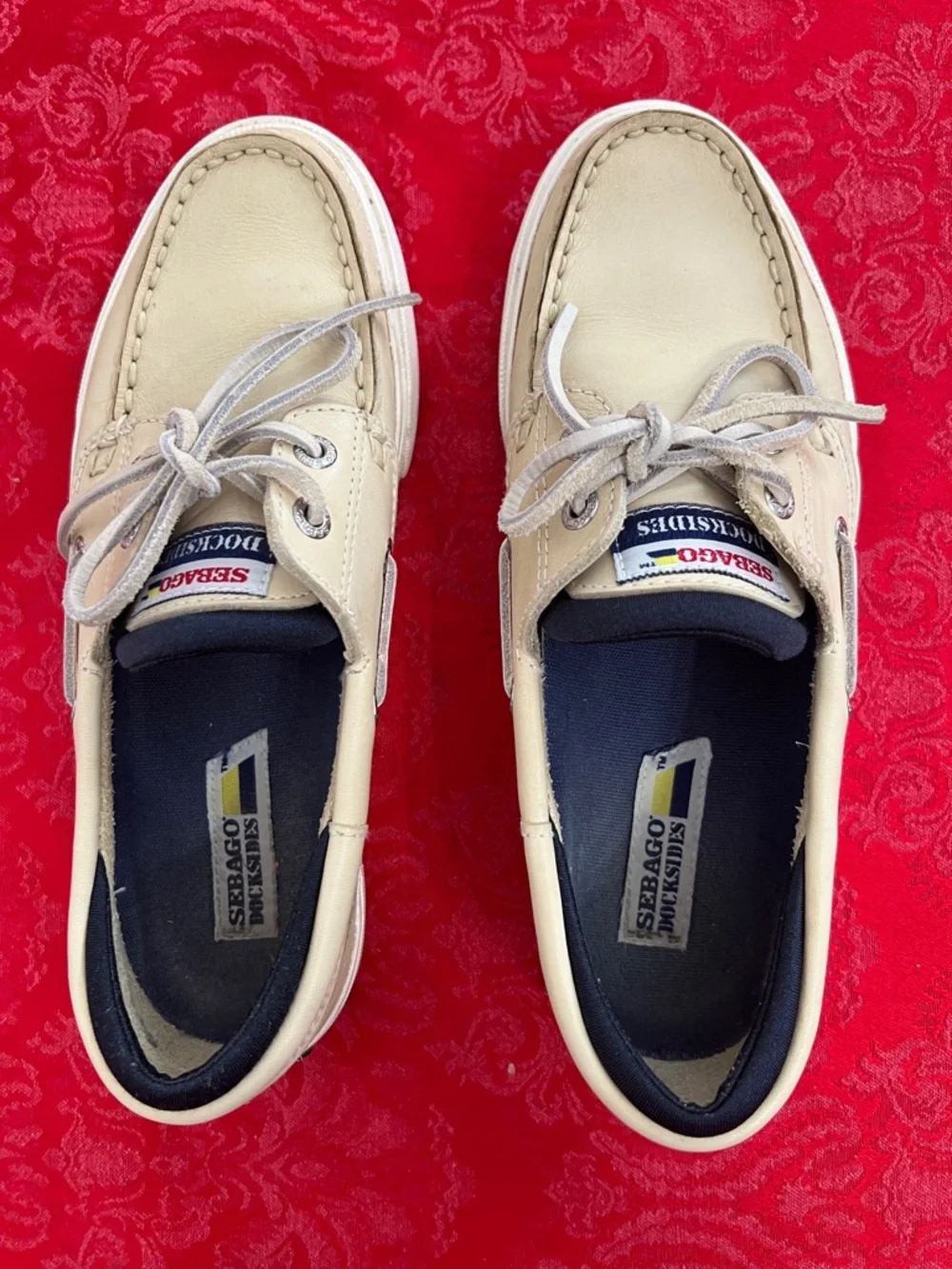 Sebago Docksides Boat Shoes Men's 7.5 Cream Leather Lace Up Moc Toe